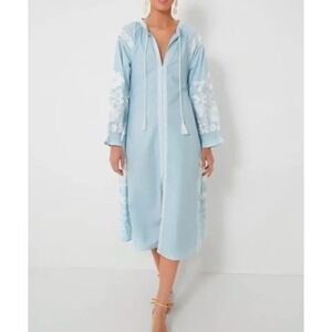 Julia Amory Kaftan Dress Blue White Floral Embroidered Tassel Maxi NWOT Size XS